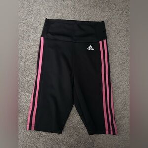 Cropped Adidas Black and Pink Leggings with Signature Stripes
